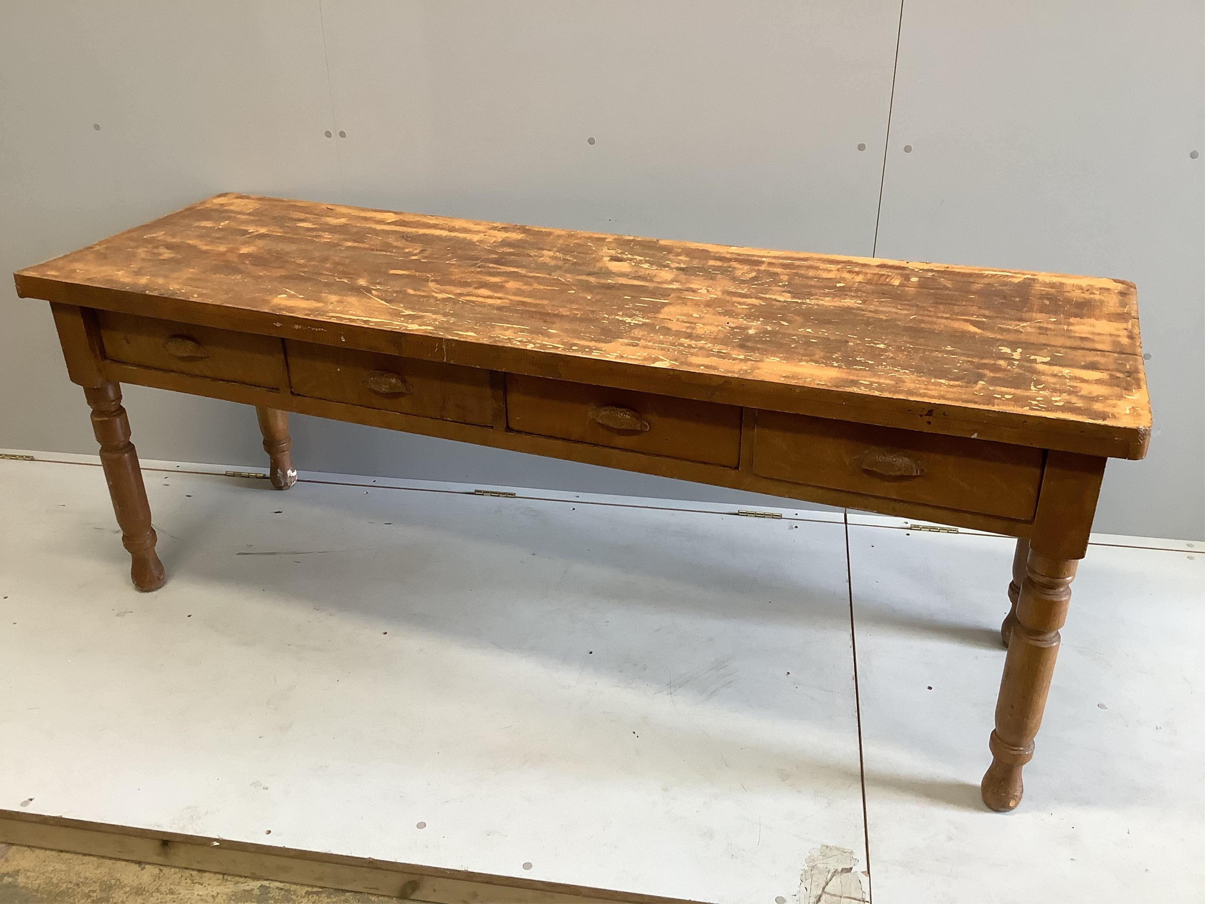 A Victorian rectangular pine kitchen table, width 197cm, depth 63cm, height 73cm. Condition - fair